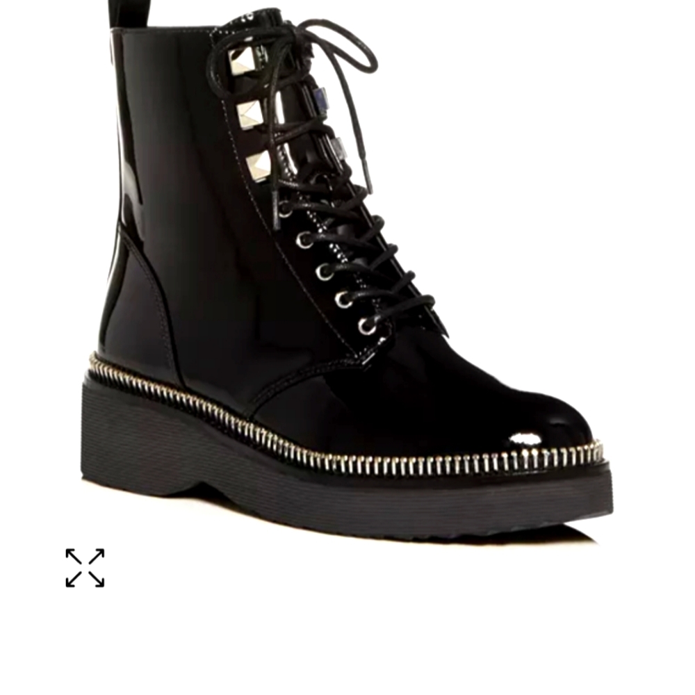 Women's black patent leather boots, size 10